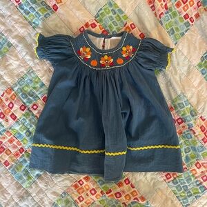 Lil Cactus Blue Dress with Colorful Turkey and Pumpkin Embroidery